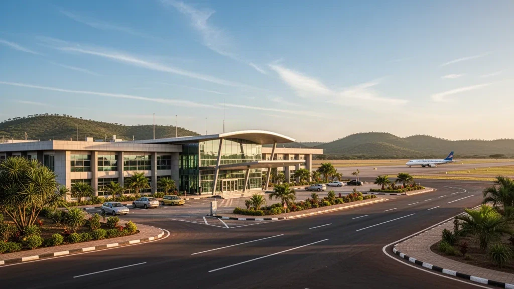 Etiyopya'daki Asosa Havalimanı'nda modern terminal binasının dış cephesi ve yolcu indirme şeridi, sıcak öğleden sonra ışığı altında yeşil tepelerle çevrili