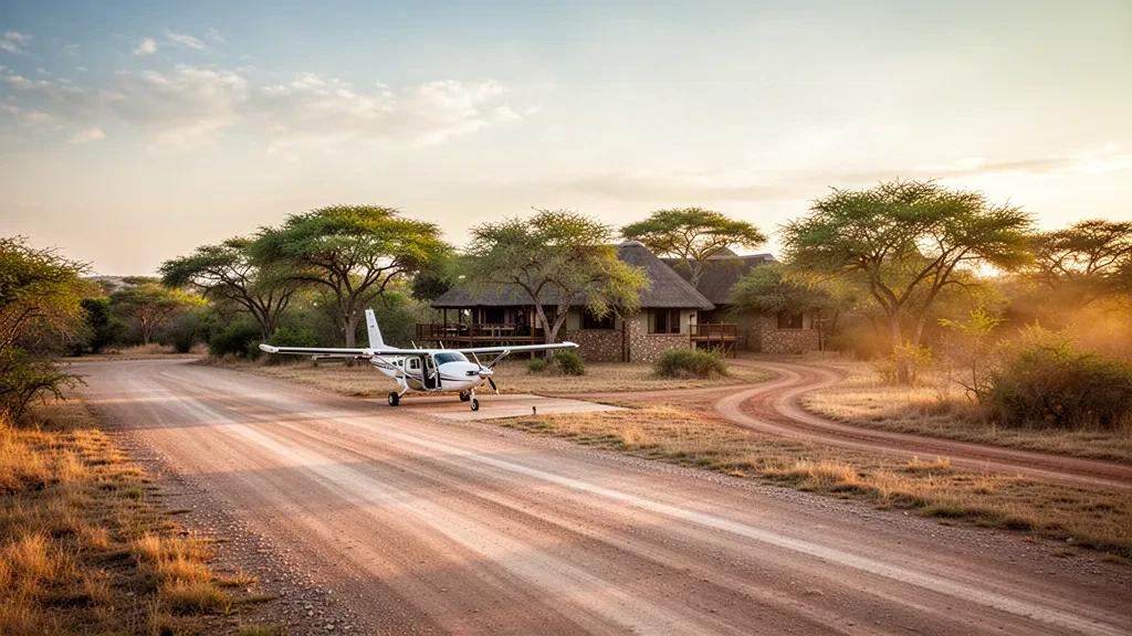 Small safari aircraft on the gravel bush airstrip at Arathusa in the Sabi Sand Game Reserve, golden hour light across the savanna