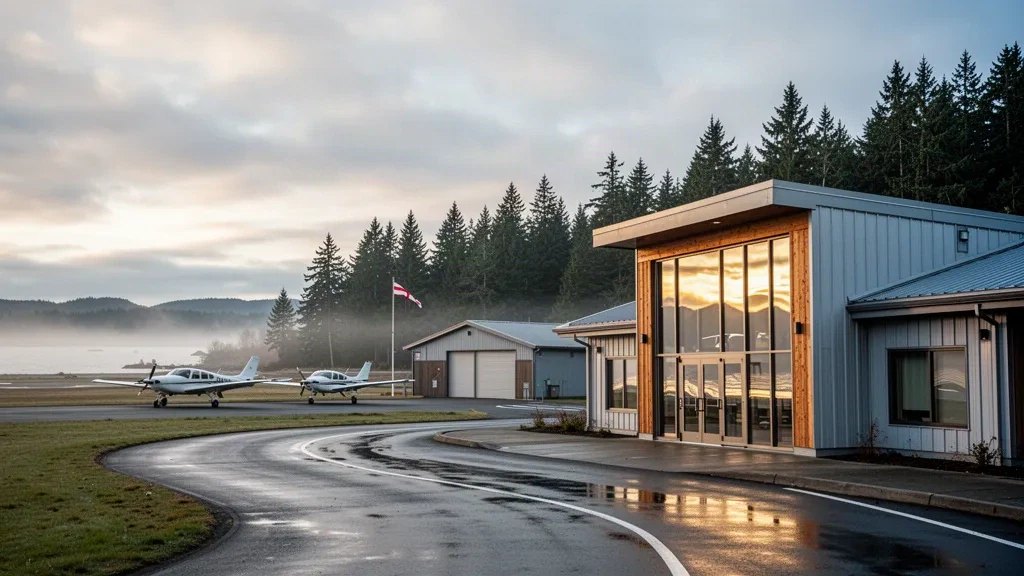 Petit terminal d'aéroport côtier de l'Oregon et tarmac mouillé avec des aéronefs légers stationnés près de conifères à l'aéroport régional d'Astoria