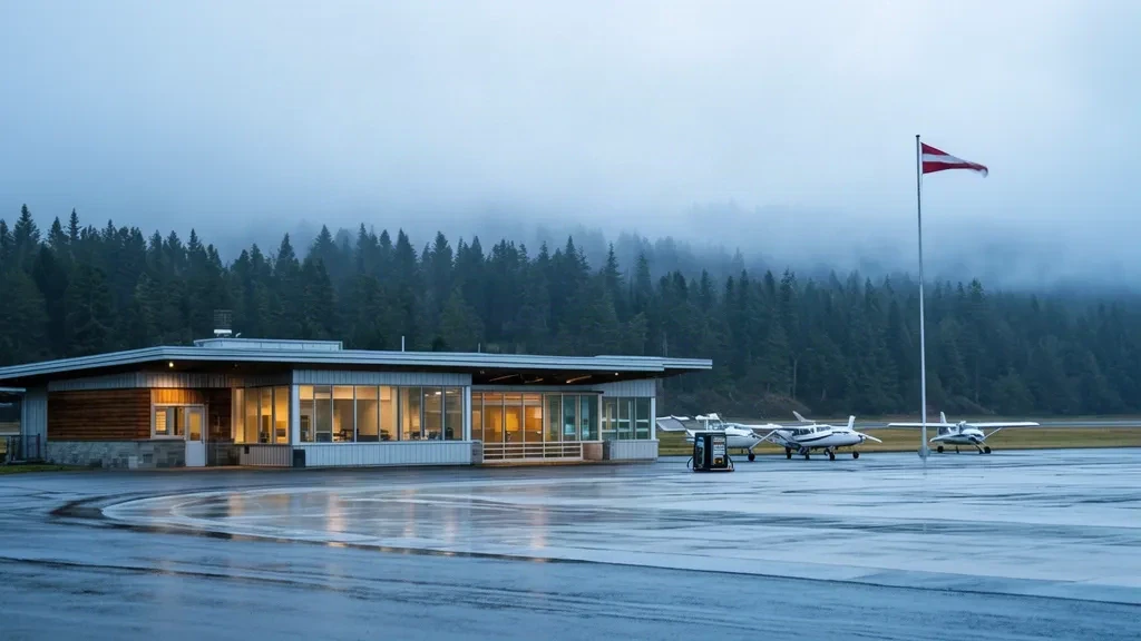 Piccolo terminal e apron all'Aeroporto Astoria Regional vicino a Warrenton, Oregon, con aerei leggeri parcheggiati sotto una morbida luce costiera coperta