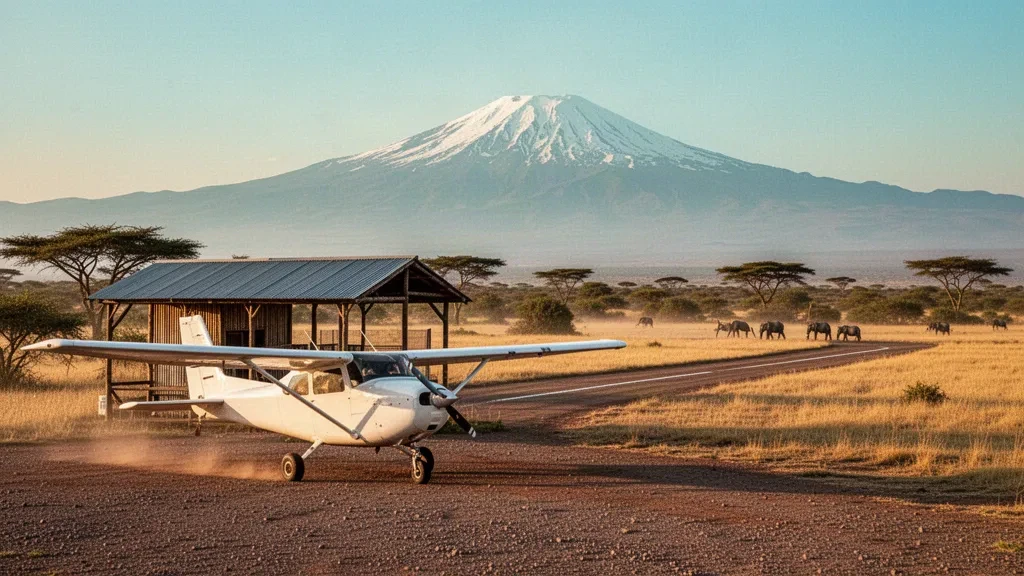Small safari bush plane on a dusty airstrip at Amboseli Airport in Kenya with Mount Kilimanjaro rising beyond acacia trees