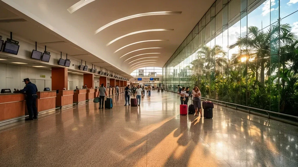 Interior de la sala de salidas iluminada por el sol del Aeropuerto Internacional Silvio Pettirossi en Luque, Paraguay, con viajeros y vegetación tropical en el exterior