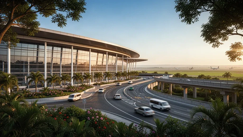 Extérieur moderne du terminal de l'aéroport international Silvio Pettirossi près d'Asunción, au Paraguay, avec des routes d'accès bordées de palmiers à l'heure dorée
