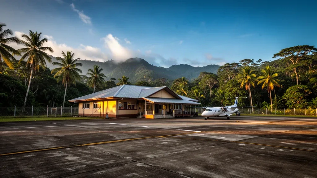 Low-rise tropical terminal and apron at Asirim Airport in Papua New Guinea surrounded by rainforest at golden hour