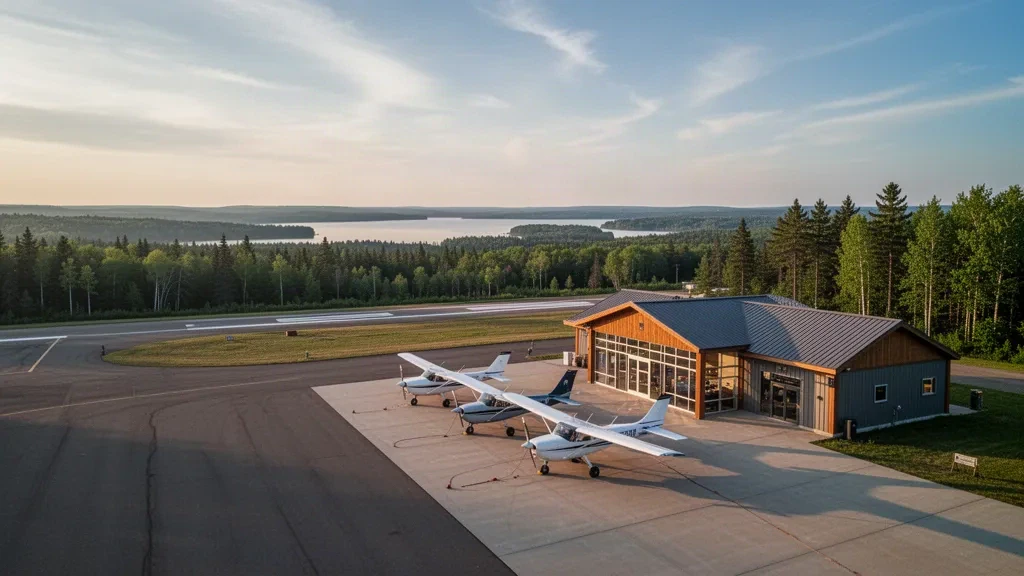 Petit terminal d'aéroport régional et avion léger sur le tarmac près d'Ashland, dans le Wisconsin, entourés d'une forêt du Nordwoods à l'heure dorée