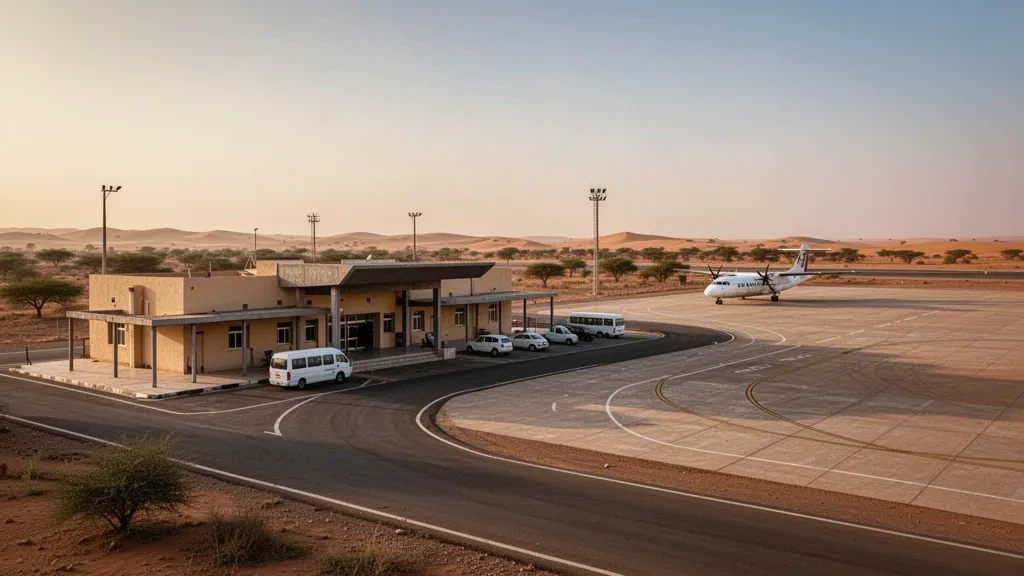Terminal baja en el desierto y plataforma junto a la pista del aeropuerto de Atbara, en Sudán, con un avión turbohélice bajo una cálida luz de hora dorada