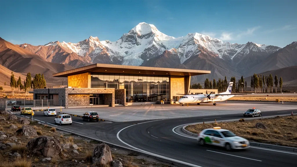 Terminal moderne de l'aéroport Comandante FAP Germán Arias Graziani à Huaraz, encadré par la Cordillère Blanche enneigée à l'heure dorée.