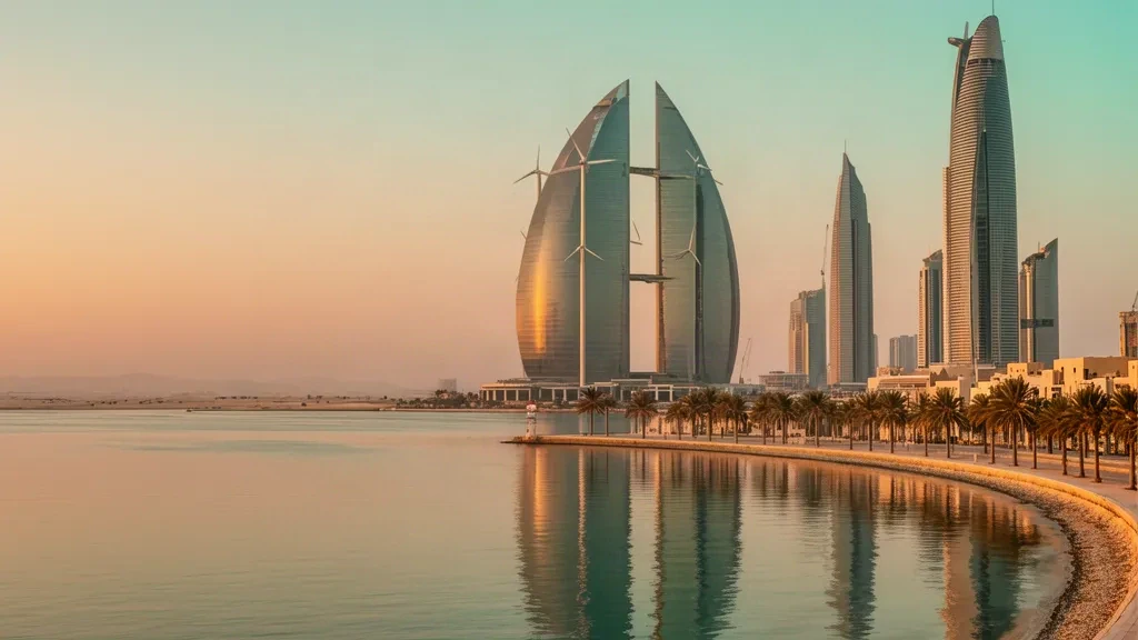 Blick zur goldenen Stunde auf die Skyline von Manama, Bahrain, über die Bahrain Bay mit den Türmen des Bahrain World Trade Center und einer palmengesäumten Uferpromenade