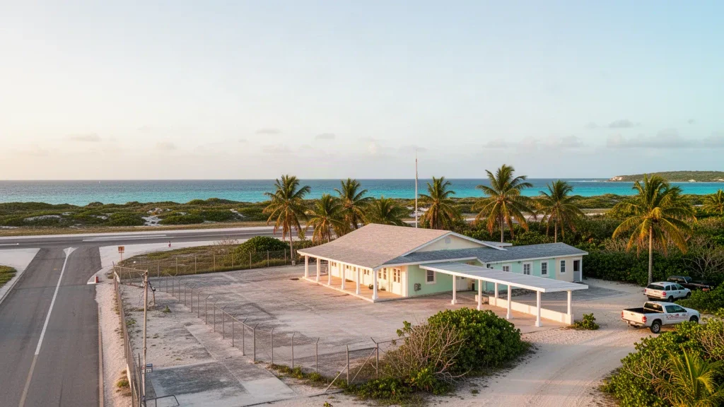 Insel-Flughafenterminal und Landebahn, eingerahmt von Palmen in Arthur's Town auf Cat Island, Bahamas, in warmem karibischem Licht am späten Nachmittag