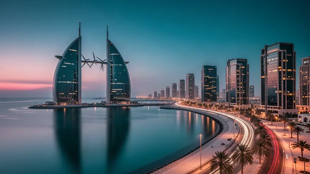 Skyline von Manama, Bahrain, in der Abenddämmerung mit den Zwillingstürmen des Bahrain World Trade Center und der Uferpromenade der Bahrain Bay, die sich im ruhigen Wasser spiegeln