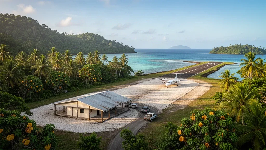 Tropische Inselflugpiste am Uru Harbour Airport auf Malaita, Salomonen, mit Palmen, einem kleinen Terminal und türkisfarbener Lagune