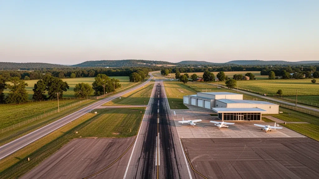 Piccola pista di aviazione generale, hangar e piazzale all'Aeroporto Antlers Municipal nell'Oklahoma rurale sotto una calda luce dorata