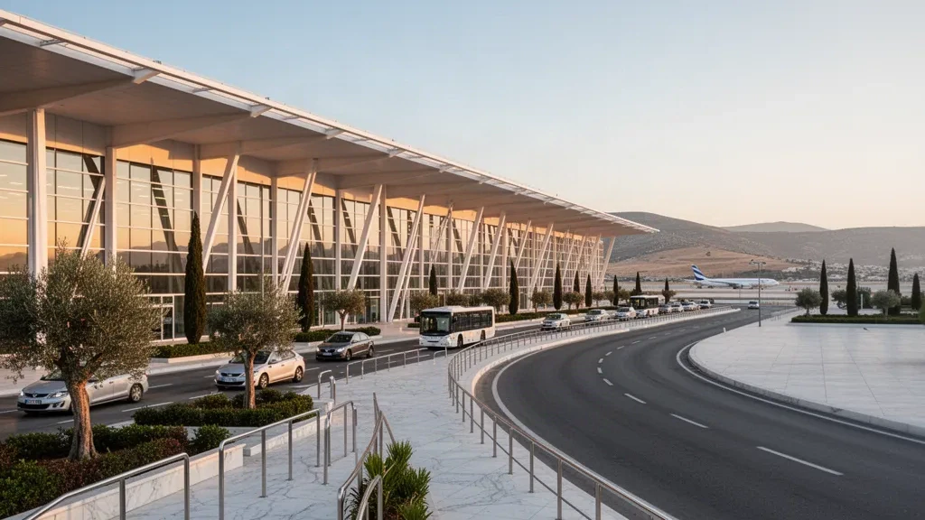 Esterno moderno del terminal in vetro dell'Aeroporto Internazionale di Atene Eleftherios Venizelos con pensilina curva e corsie per la sosta breve durante l'ora d'oro