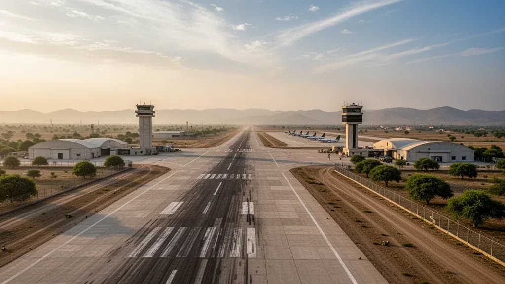 Pakistan'ın Pencap bölgesindeki Minhas Hava Üssü ATG havaalanının pist, taksi yolu, kontrol kulesi ve hangarlarla birlikte altın saatlerdeki görünümü
