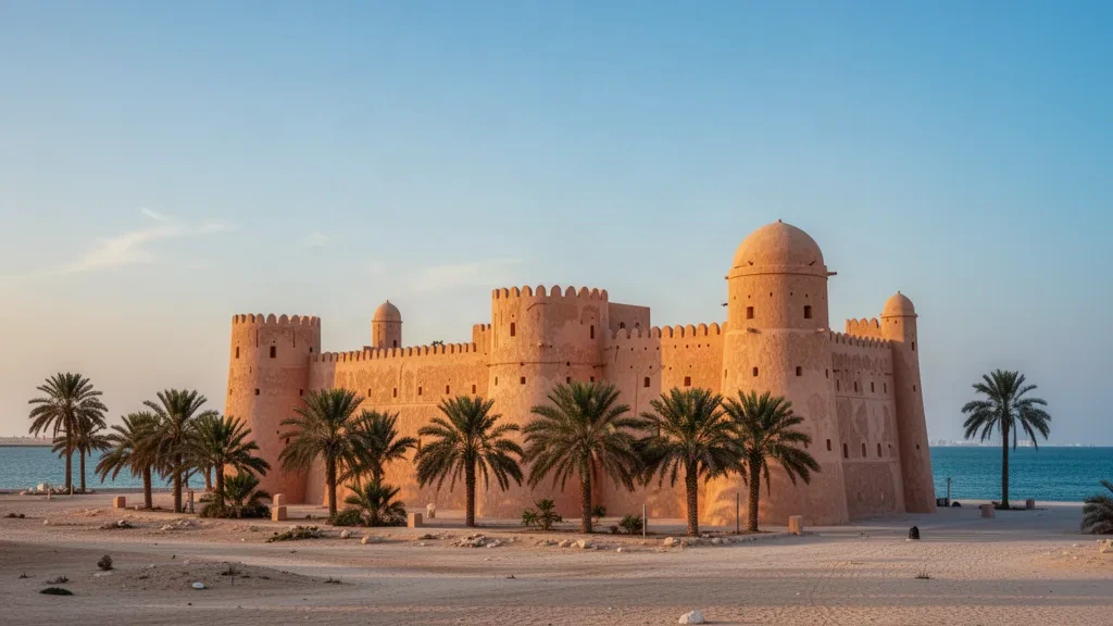 Forte di Arad a Muharraq, Bahrein, durante l'ora d'oro con palme e acque calme del Golfo, che mostra l'architettura tradizionale in pietra corallina.