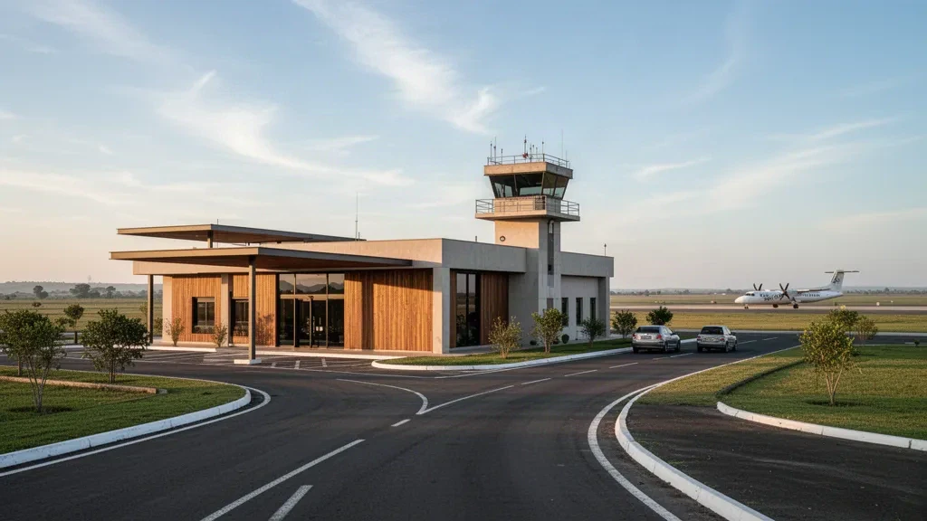 Edificio terminal basso e piazzale tranquillo all'Aeroporto Artigas International nel nord dell'Uruguay sotto una calda luce dorata.