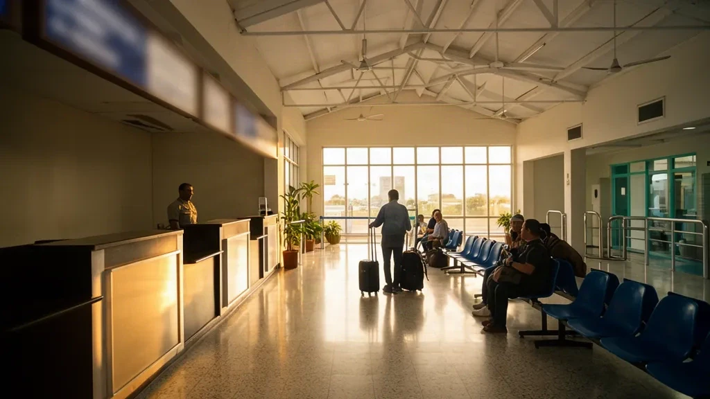 Interno del terminal dell'Aeroporto Artigas International in Uruguay con banchi check-in, posti a sedere e viaggiatori nella sala partenze