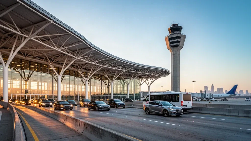 Extérieur moderne d'un terminal en verre et auvent courbe à l'aéroport international Hartsfield-Jackson Atlanta à l'heure dorée