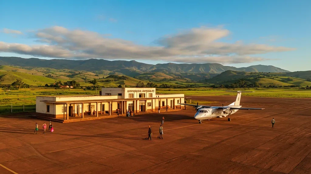 Kleines Terminalgebäude am Flughafen Antsirabe ATJ im zentralen Hochland von Madagaskar mit einem Turboprop-Flugzeug auf dem Vorfeld unter klarem blauem Himmel.