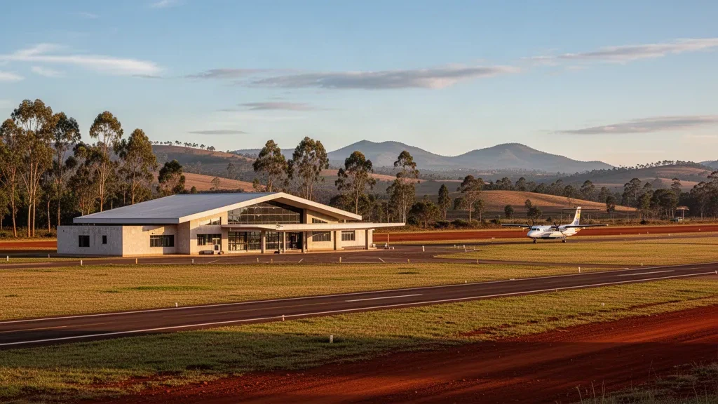 Extérieur du terminal de l'aéroport d'Antsirabe dans les hautes terres de Madagascar, avec une piste et des collines ondulantes sous une lumière dorée.