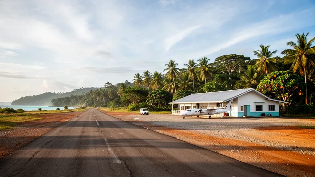 Tropical airstrip and small terminal building at Namatanai Airport in Papua New Guinea, framed by palm trees in golden-hour light