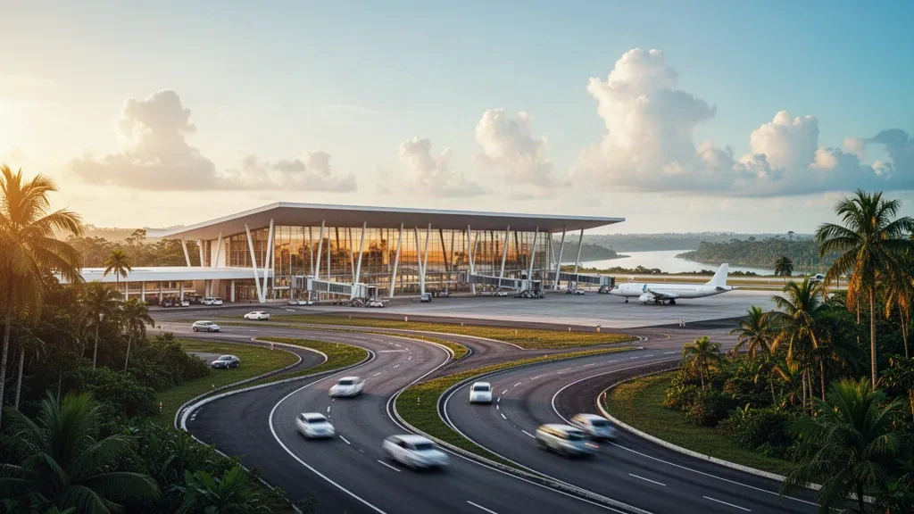 Exterior moderno de terminal de aeropuerto con cristaleras, vegetación tropical amazónica y vías de acceso en el Aeropuerto de Altamira, Brasil, durante la hora dorada