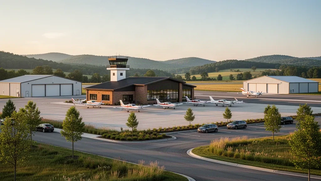 Kleines Terminal für die allgemeine Luftfahrt, Kontrollturm und Hangars am Gordon K. Bush Airport der Ohio University in Albany, Ohio, zur goldenen Stunde