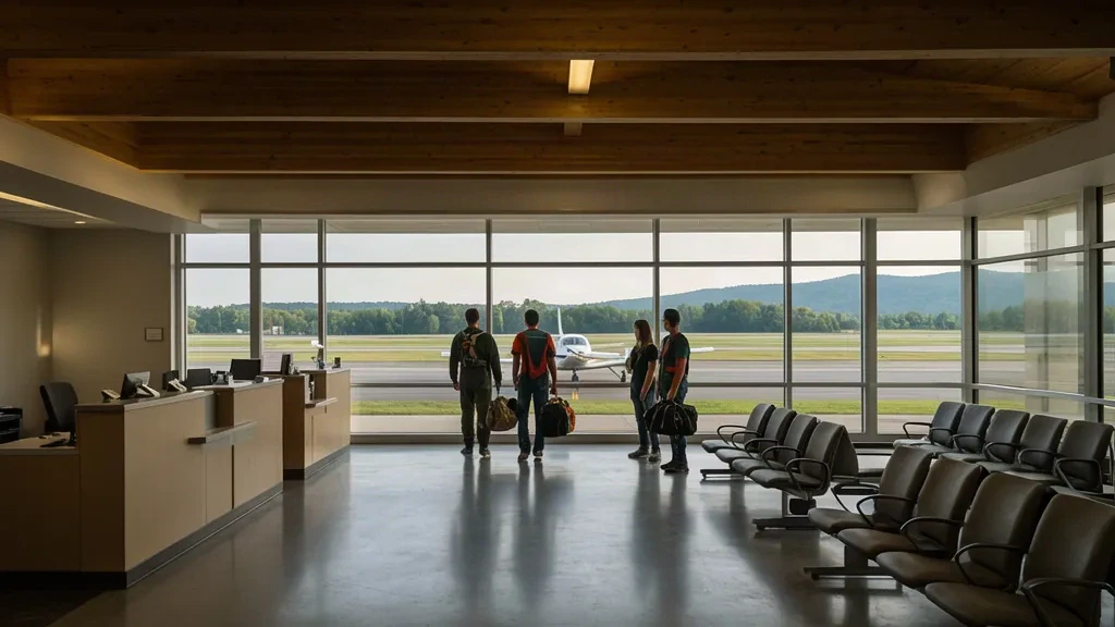 Terminalinneres am Ohio University Airport in Albany, Ohio, mit Check-in-Schalter, Wartebereich und zum Rollfeld ausgerichteten Fenstern