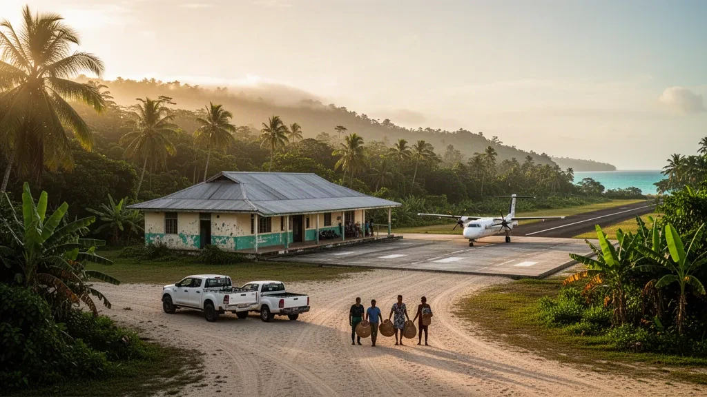 Veduta dell'Aeroporto di Aitape in Papua Nuova Guinea durante l'ora d'oro, con un piccolo terminal tropicale, pista fiancheggiata da palme e turboelica parcheggiato