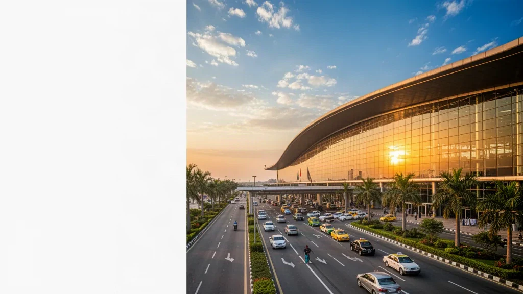 Moderno edificio terminal in vetro dell'Aeroporto Internazionale Sri Guru Ram Das Ji ad Amritsar durante l'ora d'oro, con strade d'accesso e veicoli.