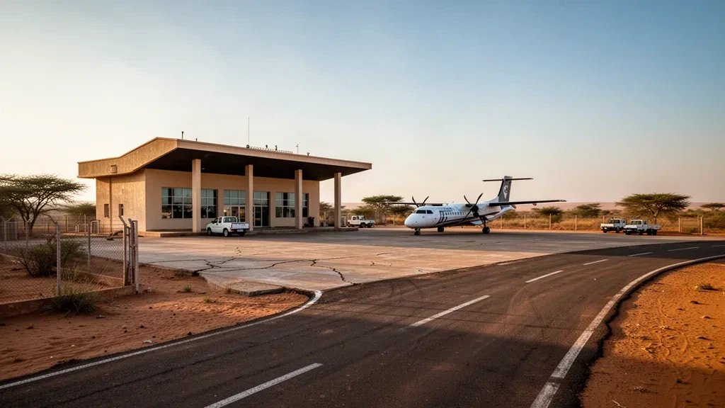 Pequeña terminal de aeropuerto regional y plataforma cerca de Ati, Chad, bañadas por la luz dorada del atardecer con sabana seca extendiéndose hasta el horizonte.