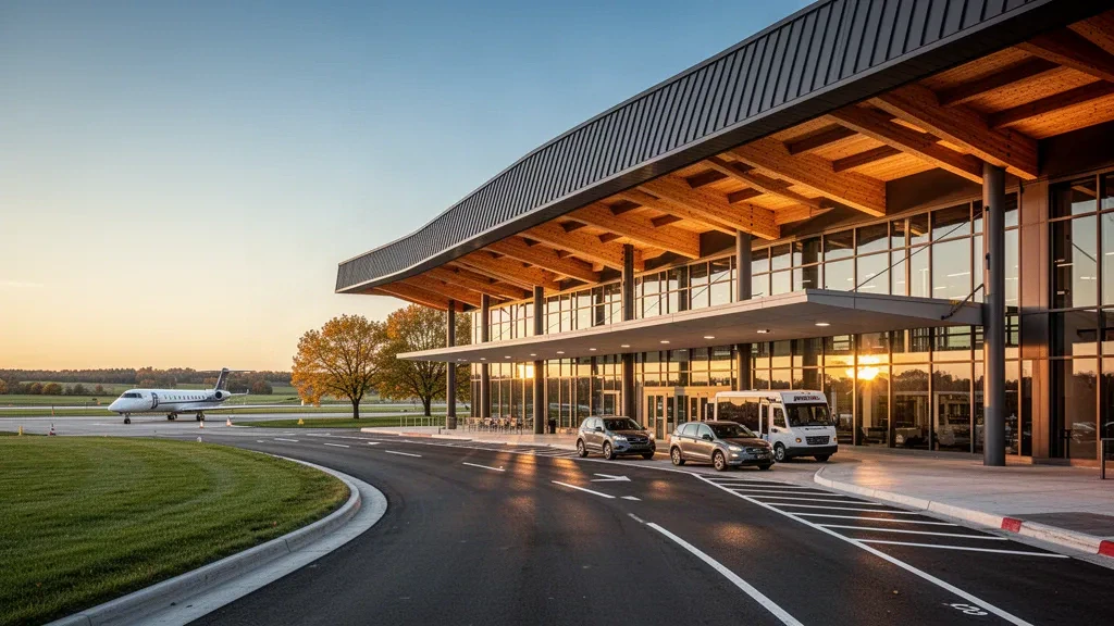 Extérieur moderne du terminal en verre et bois de l'aéroport international d'Appleton, avec un auvent arrondi et une lumière dorée sur la voie de dépose.