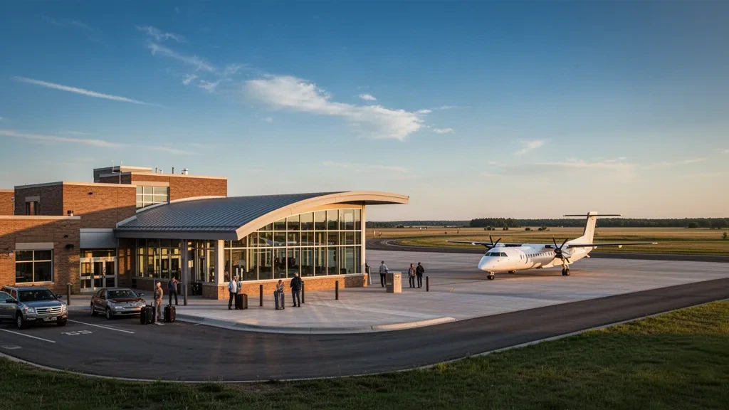 Moderno terminal in vetro e aereo regionale parcheggiato all'Aeroporto Regionale di Watertown nel South Dakota sotto un ampio cielo di tramonto sulla prateria