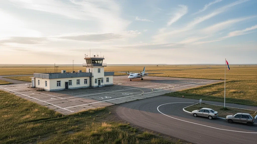 Kazakistan'daki Atbasar Havalimanı'nda küçük bölgesel terminal ve beton apron, geniş altın saat gökyüzü altında açık bozkıra karşı