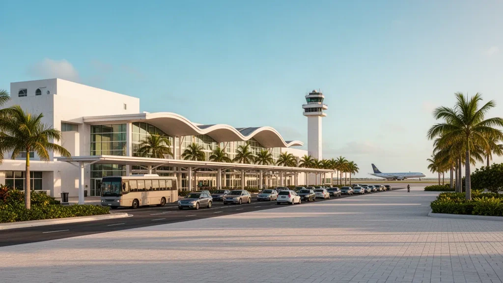 Queen Beatrix International Airport terminal exterior in Oranjestad, Aruba, with palm trees and golden-hour Caribbean light