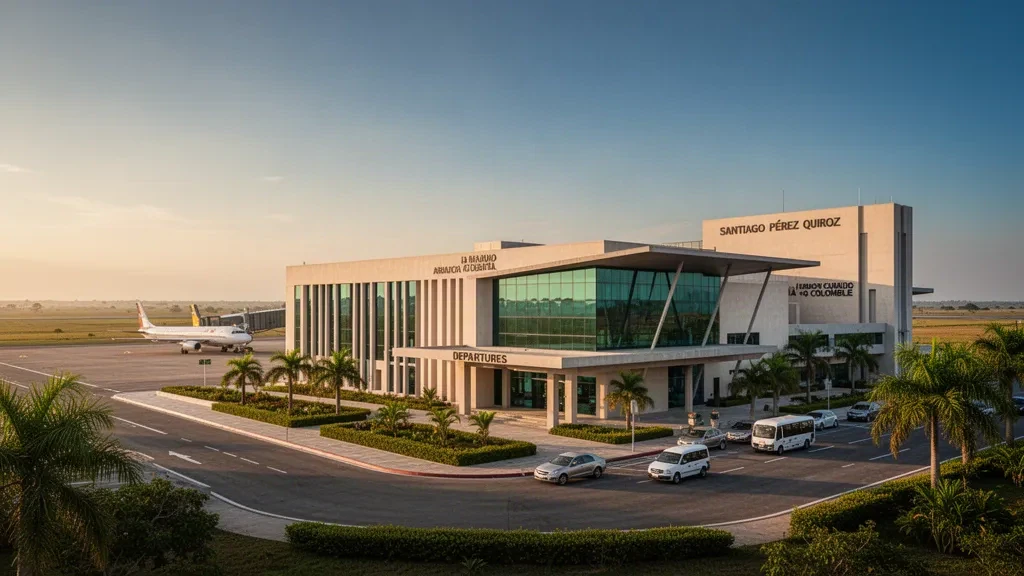 Modern terminal facade of Santiago Pérez Quiroz Airport in Arauca, Colombia, at golden hour with taxiway, palms and tropical plains