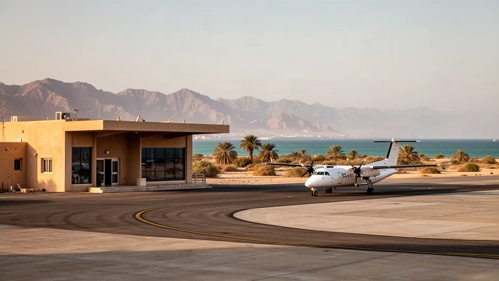 Small desert airport terminal at Abu Rudeis on Egypt's Gulf of Suez coast, with a light aircraft and hazy Sinai mountains at golden hour