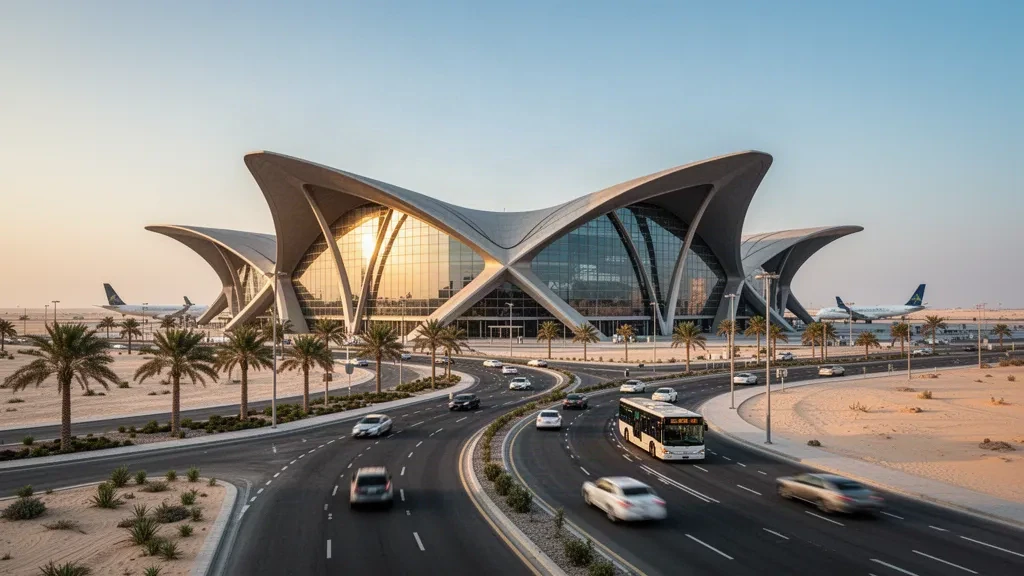 Modern X-shaped terminal exterior at Zayed International Airport in Abu Dhabi with sweeping curved roof at golden hour