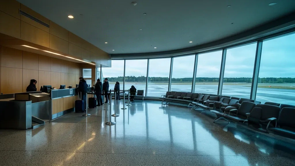 Interior soleado de la terminal del Aeropuerto Estatal de Augusta, en Maine, con mostradores de facturación, asientos de espera y vistas a la plataforma a través de grandes ventanales