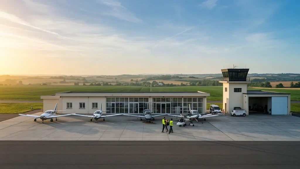 Pequeño edificio terminal y aviones ligeros estacionados en la plataforma del aeródromo Auxerre-Branches en Borgoña, Francia, bajo la luz dorada de la tarde