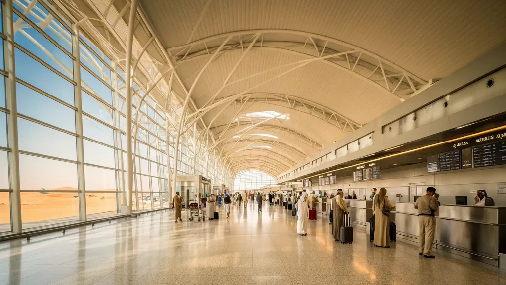 Departure hall of Zayed International Airport in Abu Dhabi with sweeping curved ceilings, check-in rows and travellers moving through the terminal