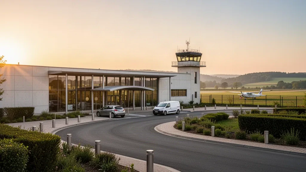 Veduta durante l'ora d'oro del terminal moderno e della strada d'accesso all'aeroporto di Auxerre-Branches in Borgogna, Francia