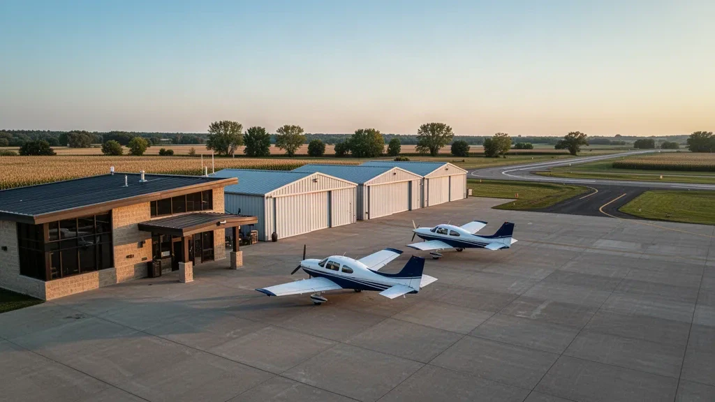 Leichtflugzeuge und Stahlhangars auf dem Vorfeld des Austin Municipal Airport in Minnesota im warmen Licht der goldenen Stunde