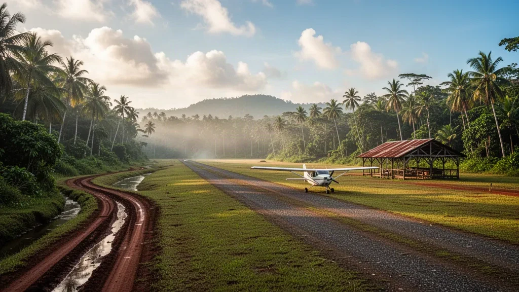 Pista de aterrizaje de césped rodeada de selva tropical en el Aeropuerto de Ambunti, en Sepik Oriental, Papúa Nueva Guinea, con luz cálida del amanecer