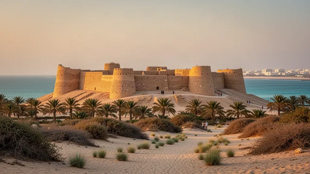 Antiche mura in pietra corallina del forte Qal'at al-Bahrain che si affacciano sulla costa del Golfo nel Governatorato Settentrionale del Bahrein durante l'ora dorata
