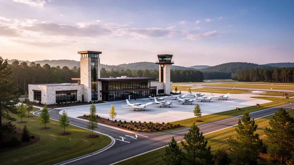 Modern terminal building and control tower at Auburn University Regional Airport in Alabama during golden hour