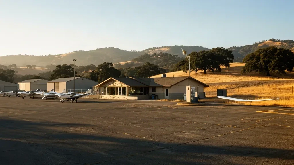 Pequeño edificio terminal y aeronave monomotor estacionada en la rampa del Aeropuerto Municipal de Auburn en las estribaciones de California