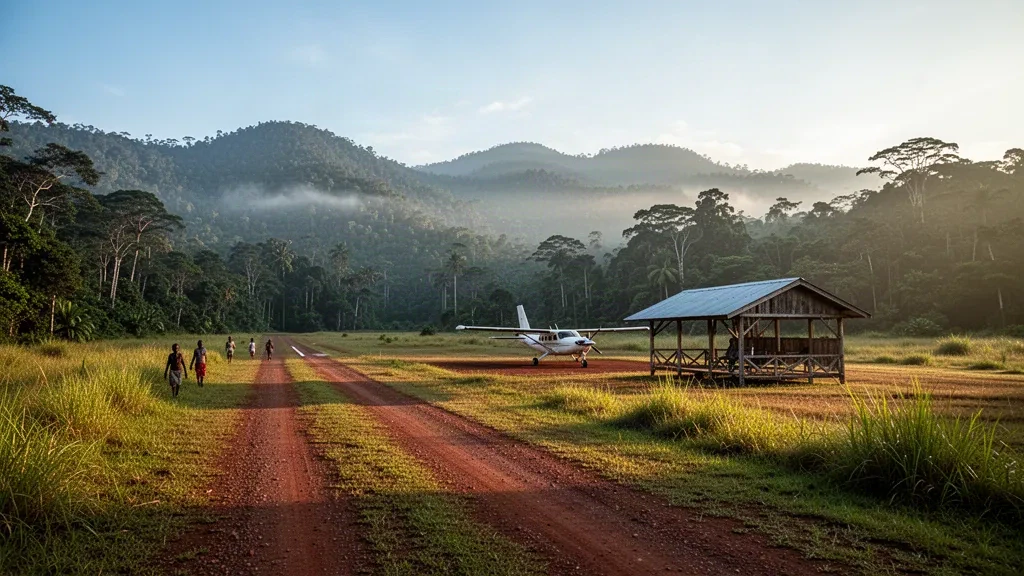 Remote tropical airstrip serving Agaun Airport in Papua New Guinea, surrounded by rainforest ridges in warm morning light
