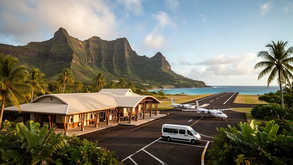 Pequeña terminal tropical y pista en el Aeropuerto de Hiva Oa-Atuona, en las Islas Marquesas, rodeada de verdes picos volcánicos en la hora dorada