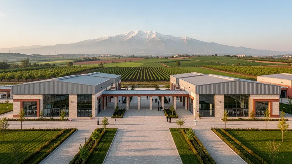 Bursa, Türkiye'deki AgroGreen Bursa tarım ve hayvancılık fuarı alanının, modern salonlar ve arka planda Uludağ ile dış görünümü.